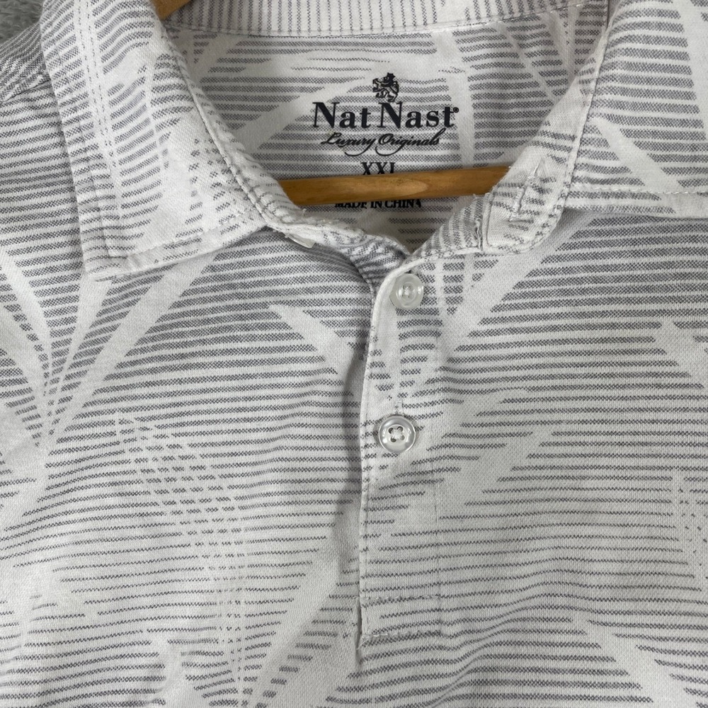 Nat Nast Polo Shirt Mens 2XL White Grey Palm Leaf Striped Coastal Resortwear - Picture 5 of 8